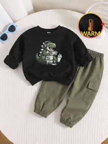 SHEIN Baby Boy Cartoon Print Long Sleeve Top And Cargo Sweatpants Set - Multicolor - View 3