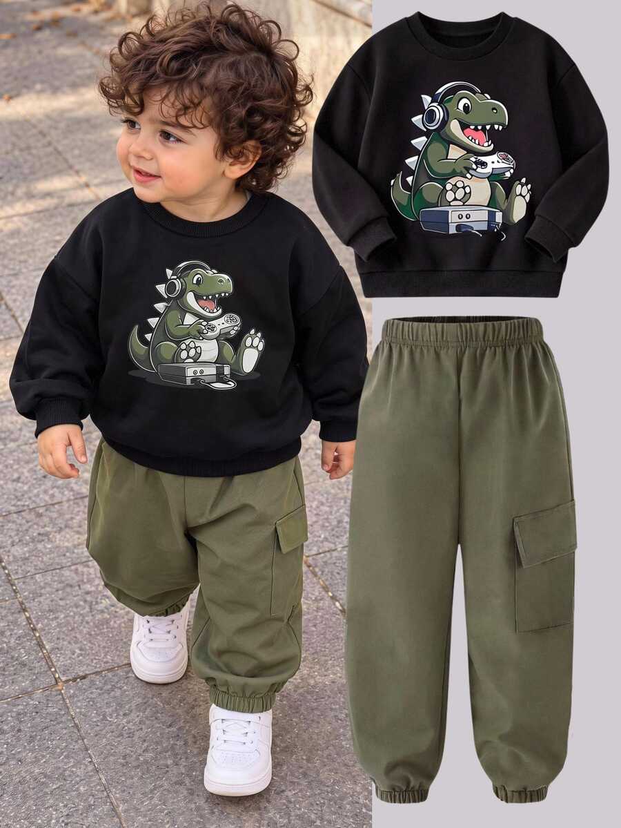 SHEIN Baby Boy Cartoon Print Long Sleeve Top And Cargo Sweatpants Set - Multicolor - View 1