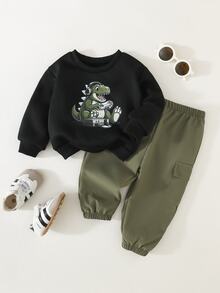SHEIN Baby Boy Cartoon Print Long Sleeve Top And Cargo Sweatpants Set - Multicolor - View 4