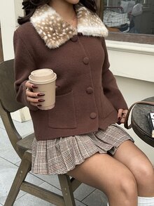 Autumina Brown Coffee Spotted Fur Collar Single-Breasted Pocket Knit Cardigan - Brown - View 5
