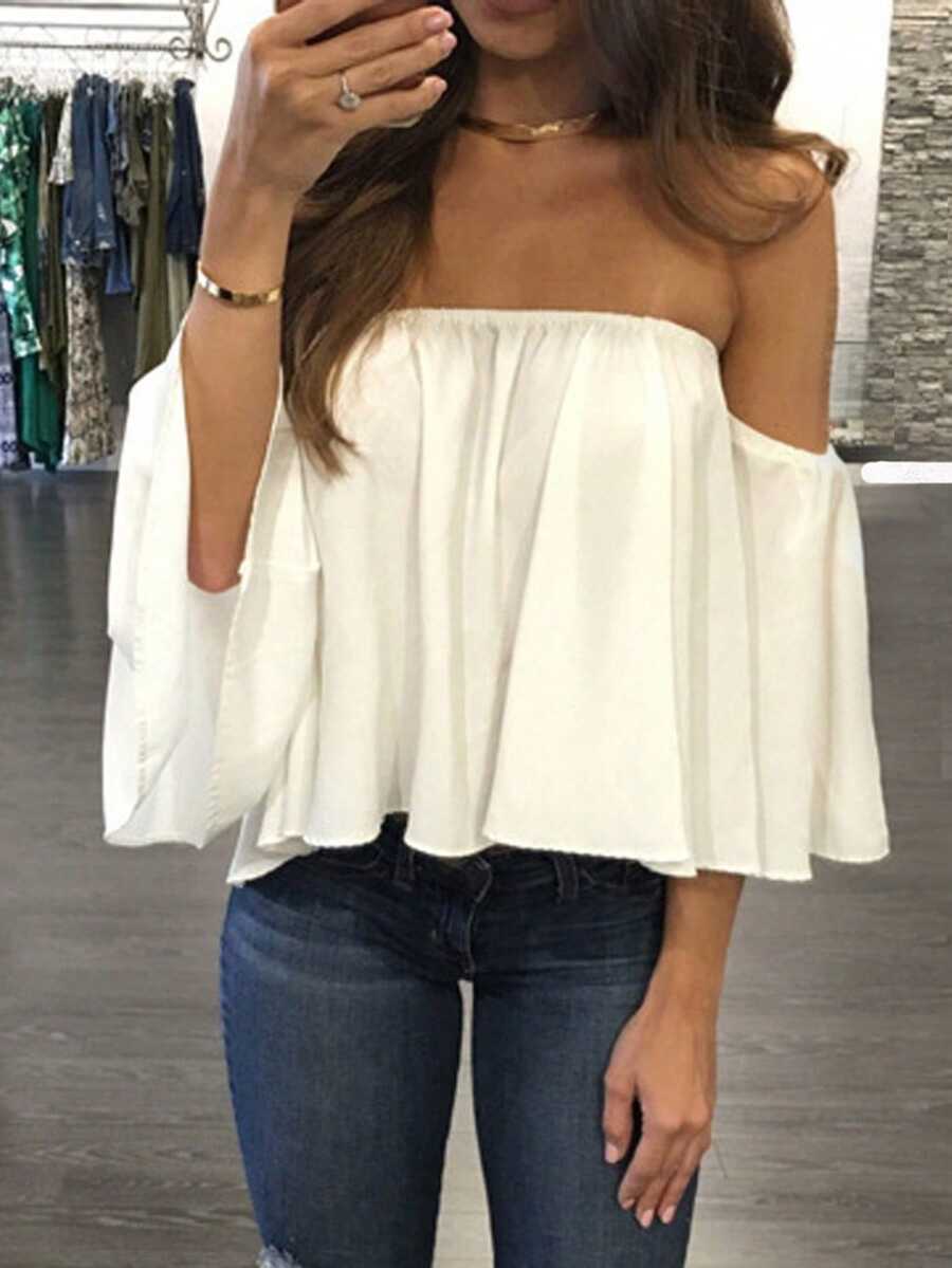 SHEIN Franclia 香檳色露肩優雅女士襯衫 - 白色 - 查看 1