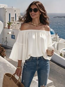 SHEIN Franclia 香檳色露肩優雅女士襯衫 - 白色 - 查看 2