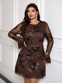 Reflora Plus Size Women's Round Neck Bell Sleeve Brown Embroidered Elegant Dress Thanksgiving Christmas Party Cocktail Formal Fall - Brown - View 9