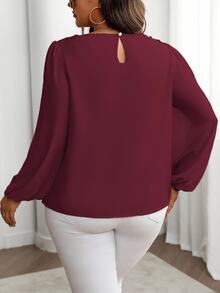 Velvienne Plus Size Women's Solid Color Round Neck Long Sleeve Frill Trim Loose Casual Shirt Fall - Burgundy - View 2
