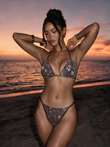 Elavelle 萬聖節女性夏季海灘派對掛脖綁帶性感仙女亮片閃耀迪斯可比基尼三角兩件組 深棕色 外出約會穿搭 - 彩色 - 查看 2