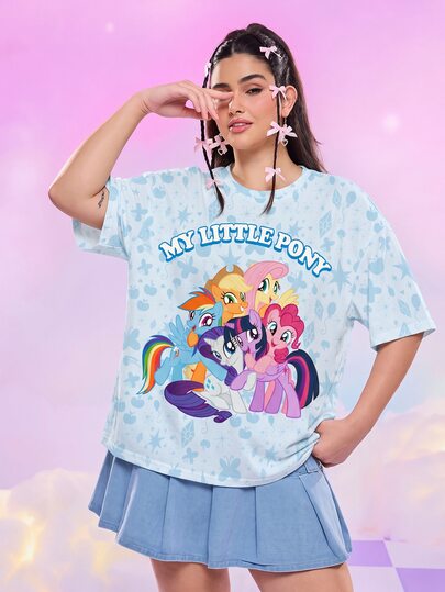 My Little Pony X SHEIN Áo thun ngắn tay nữ size lớn in chữ và hoạt hình, phong cách thường ngày thoải mái