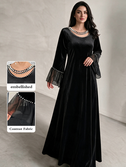 Mulvari Abaya élégante et modeste en velours perlé, robe noire ample à manches longues pour femmes musulmanes, festivals, rassemblements, Ninang, mariage, soirée, automne