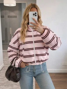 Easowa Curve Plus Size Women's Striped Casual Versatile Daily Wear Top Fall - Coffee Brown - View 2
