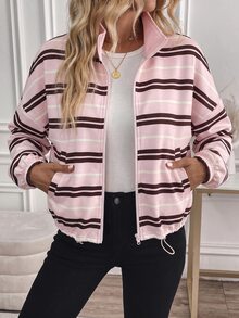 Easowa Curve Plus Size Women's Striped Casual Versatile Daily Wear Top Fall - Coffee Brown - View 5