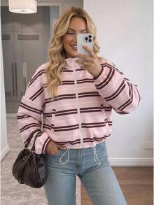 Easowa Curve Plus Size Women's Striped Casual Versatile Daily Wear Top Fall - Coffee Brown - View 1