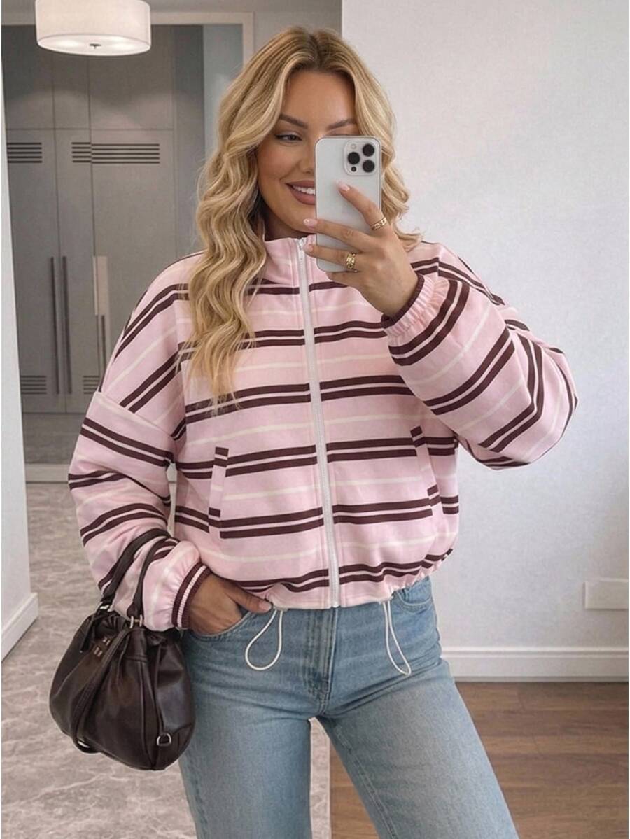 Easowa Curve Plus Size Women's Striped Casual Versatile Daily Wear Top Fall - Coffee Brown - View 1