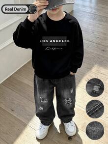 SHEIN Mirajuku 2pcs Toddler Boys Los Angeles Letter Print Crew Neck Sweatshirt And Denim Jogger Pants Set - Multicolor - View 5