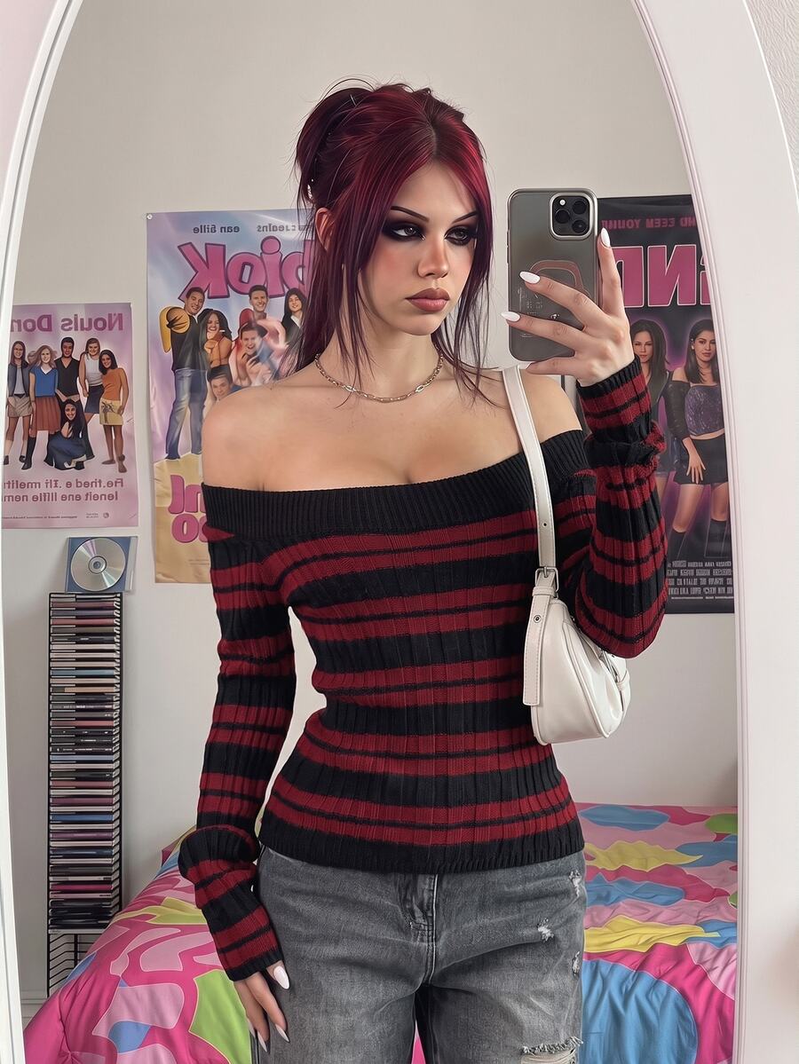 Bitrose Women's Asymmetrical Shoulder Striped Casual Daily Long Sleeve Sweater - Red - View 1