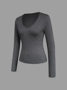 INAWLY 1pc Solid Color V-Neck Long Sleeve Slim Fit T-Shirt, Casual Autumn Fall Cloth For Women - Dark Grey - View 5
