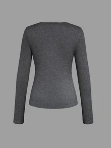 INAWLY 1pc Solid Color V-Neck Long Sleeve Slim Fit T-Shirt, Casual Autumn Fall Cloth For Women - Dark Grey - View 2