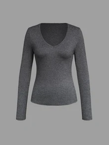 INAWLY 1pc Solid Color V-Neck Long Sleeve Slim Fit T-Shirt, Casual Autumn Fall Cloth For Women - Dark Grey - View 4