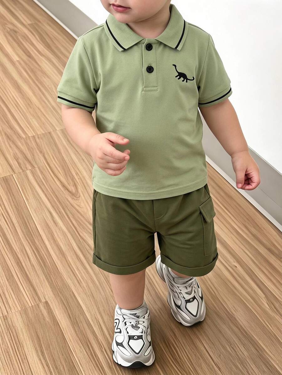 SHEIN Explorewe 2件組小男孩夏季套裝 2024新款時尚短袖套裝 時尚服飾 夏季度假生日海灘 粉紅色 - 軍綠色 - 查看 1