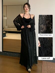 Modelyn 秋季復古性感哥德風天鵝絨細肩帶長洋裝搭配蕾絲飾邊開襟衫 2件套 中東風新年之夜黑色花卉晚宴裝 - 黑色 - 查看 3