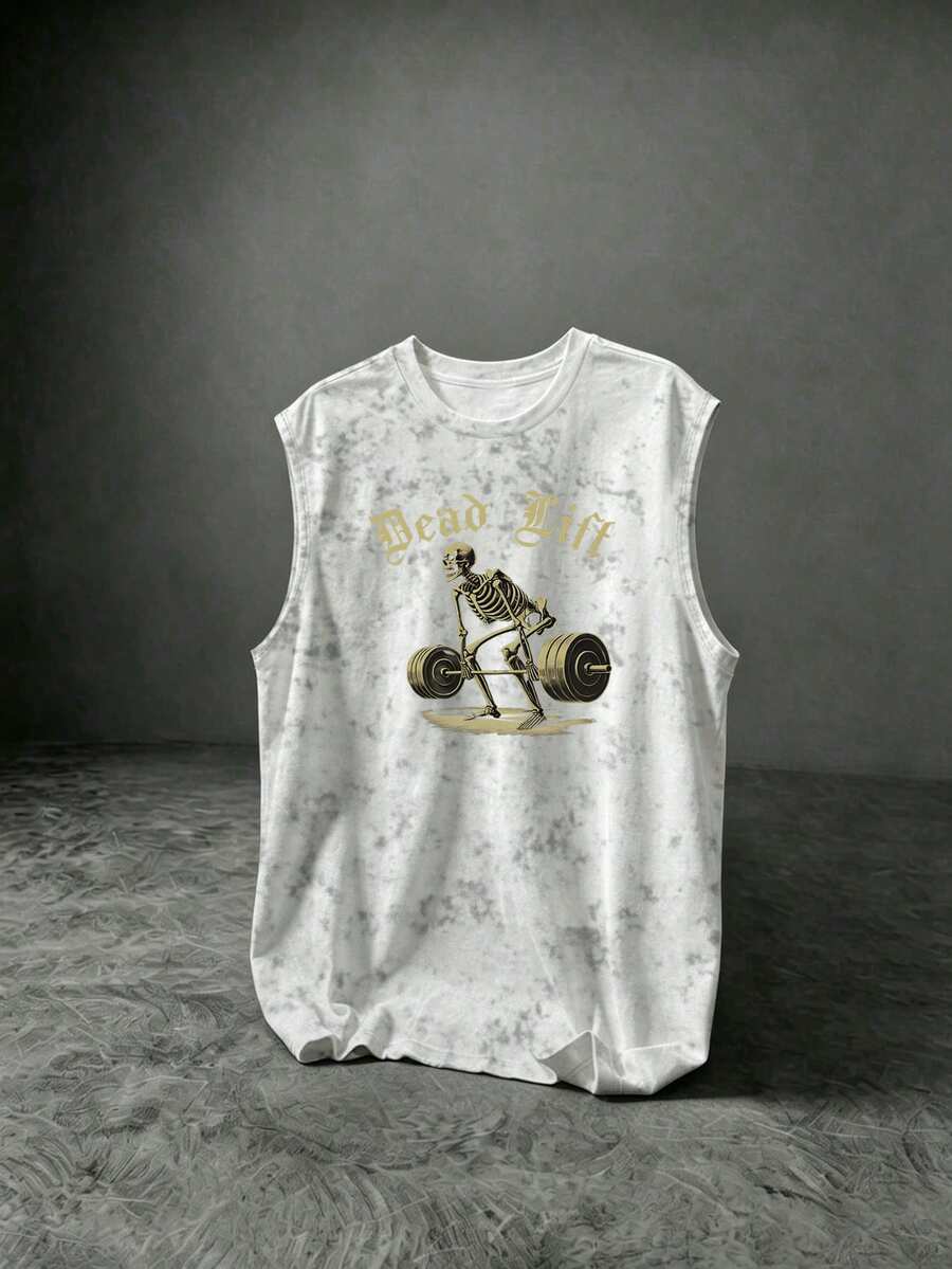 GymRaken Men's Letter & Skeleton Print Daily Fitness Sports Tank Top, Gym - White - View 1