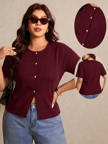 Elaquor Plus Size Women's Solid Color Short Sleeve Single-Breasted Casual Elegant Soft Form Knit Cardigan Autumn Office Formal Work Dinner Burgundy - Burgundy - View 3