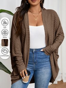 SHEIN Frenchy Plus Size Casual Loose Ribbed Brushed Knit Cardigan Jacket Fall - Brown - View 4