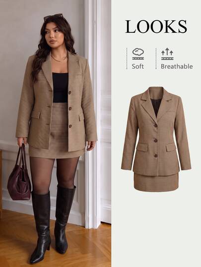 Elaquor Plus Size Women's Plaid Lapel Neck Long Sleeve Jacket And Skirt Elegant Suit Set Casual Daily Going Out Suit Set For Women Fall/Winter Casual Work Set