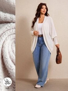 Elaquor Plus Size Casual Smart Baggy Loose Ribbed Brushed Knit Cardigan Jacket White Autumn Fall Morning Going Out Travel Office - Apricot - View 4