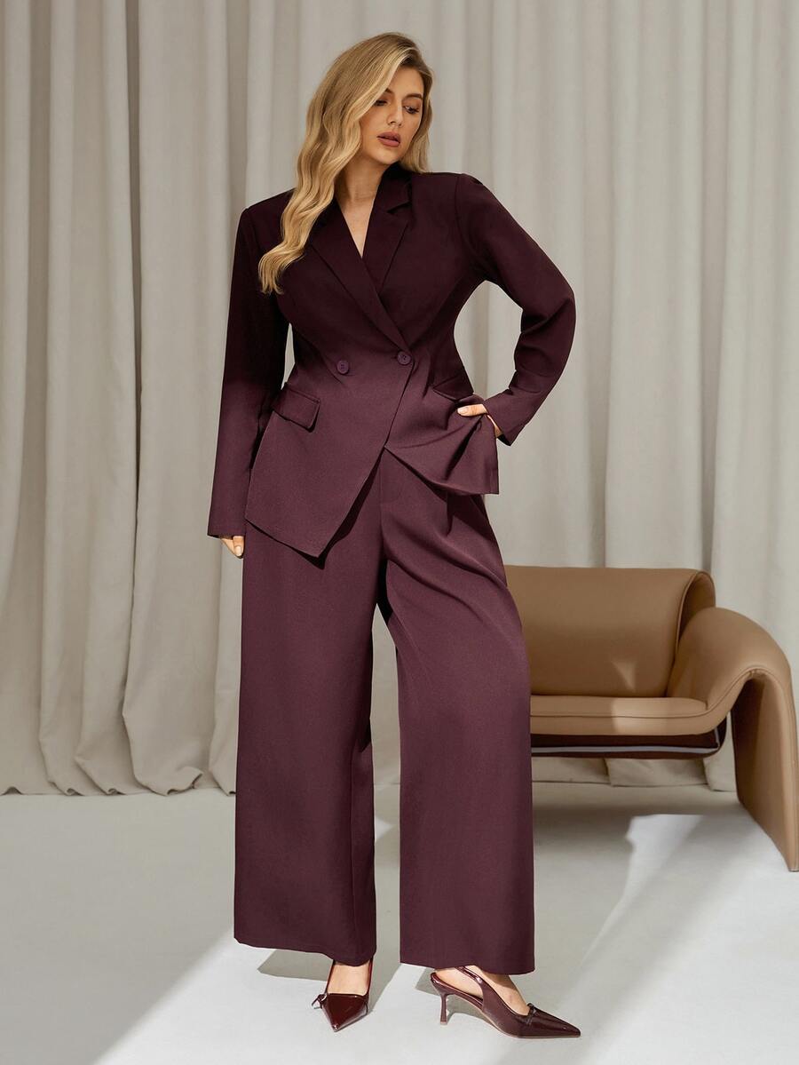 Auralis 大码两件套纯色双排扣西装外套和裤子优雅套装 - 酒紅色 - 查看 1