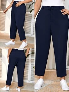 SHEIN Frenchy Plus Size Solid Color Cone-Shaped Casual Dress Pants In Fall/Winter - Navy Blue - View 9