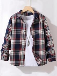SHEIN Tween Boy Plaid Print Shirt Without Tee Spring Thanksgiving School Navy Blue Casual Cute - Multicolor - View 1