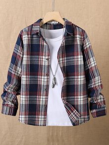 SHEIN Tween Boy Plaid Print Shirt Without Tee Spring Thanksgiving School Navy Blue Casual Cute - Multicolor - View 3