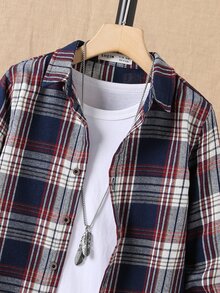 SHEIN Tween Boy Plaid Print Shirt Without Tee Spring Thanksgiving School Navy Blue Casual Cute - Multicolor - View 4