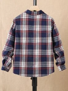 SHEIN Tween Boy Plaid Print Shirt Without Tee Spring Thanksgiving School Navy Blue Casual Cute - Multicolor - View 2