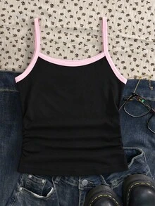 SHEIN Tween Girls Summer Tops Black And Pink Patchwork Camisole, Casual Basic Y2k Outfit Sport Workout - Black - View 2