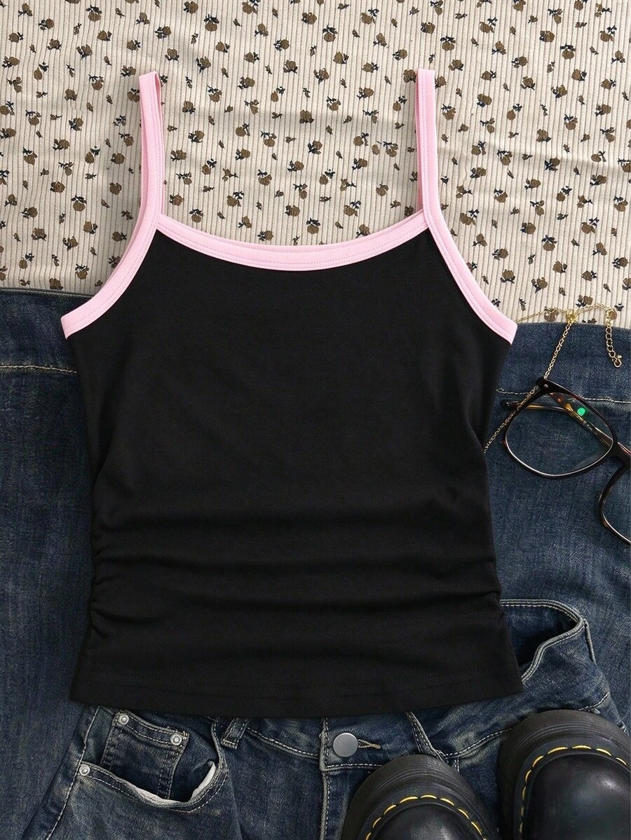 SHEIN Tween Girls Summer Tops Black And Pink Patchwork Camisole, Casual Basic Y2k Outfit Sport Workout