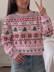 Tween Girls Casual Crew Kids Neck Drop Shoulder Sweatshirt With Cartoon Pattern, Thermal Lined And Thick, Suitable For Autumn/Winter - Multicolor - View 4