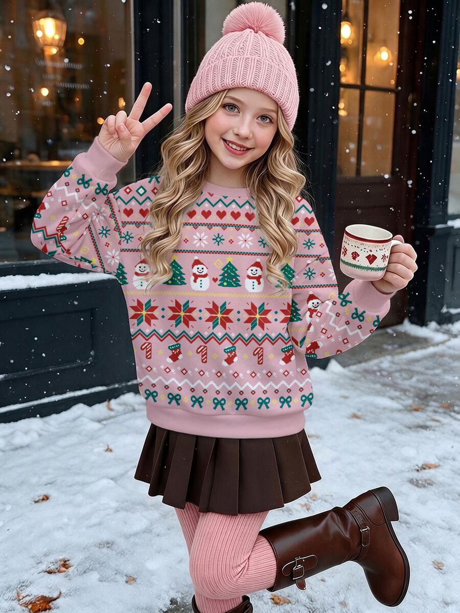 Tween Girls Casual Crew Kids Neck Drop Shoulder Sweatshirt With Cartoon Pattern, Thermal Lined And Thick, Suitable For Autumn/Winter - Multicolor - View 1