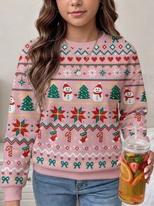 Tween Girls Casual Crew Kids Neck Drop Shoulder Sweatshirt With Cartoon Pattern, Thermal Lined And Thick, Suitable For Autumn/Winter - Multicolor - View 5