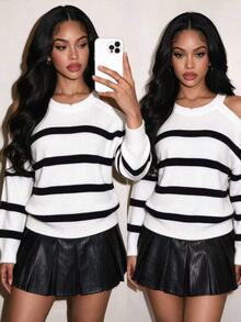 SHEIN BamGlam Women's Black And White Striped Casual French Loose Cold Shoulder Striped Y2K Fall Round Neck Halter Sweater Top Brunch - Black and White - View 2