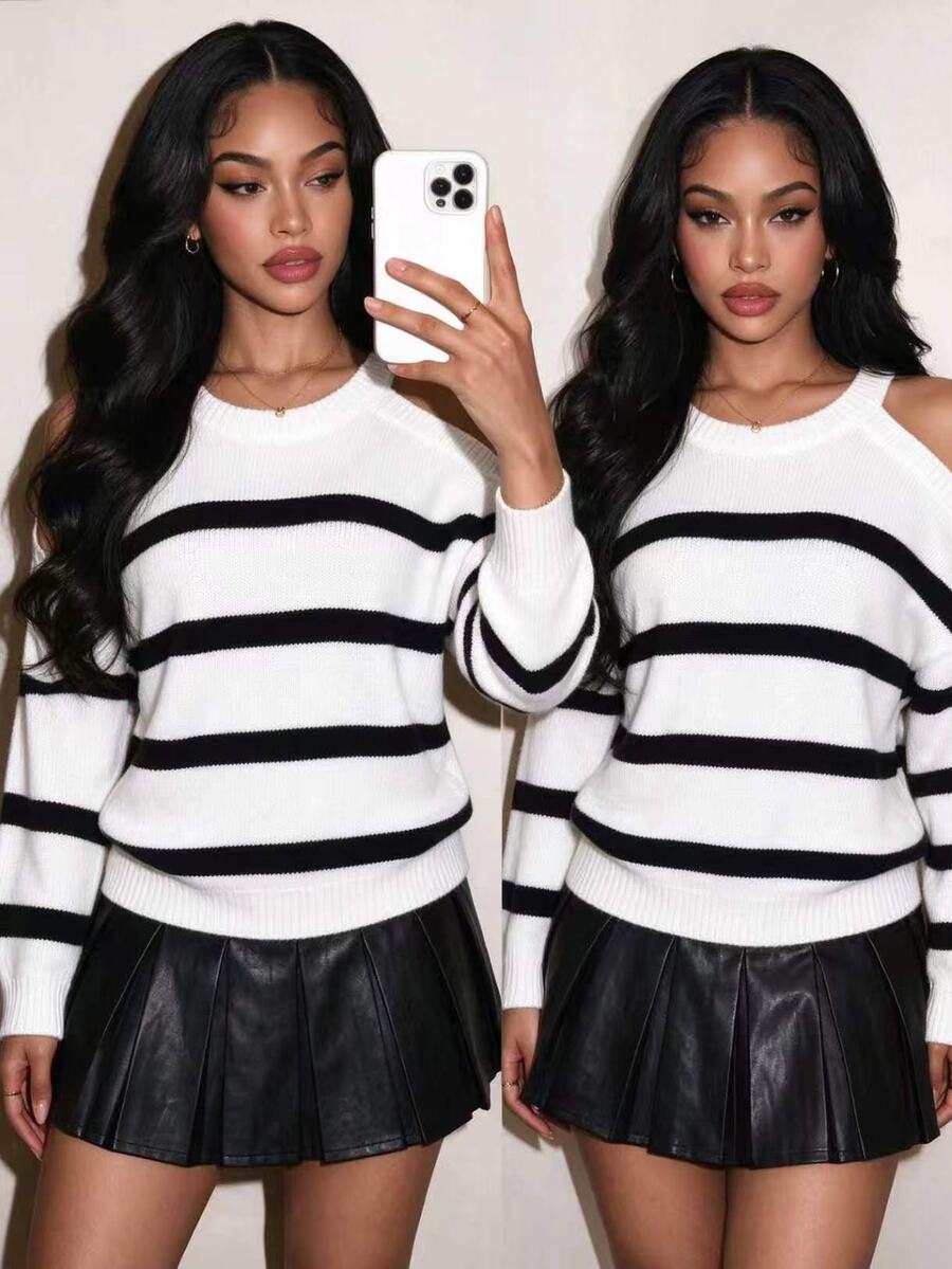SHEIN BamGlam Women's Black And White Striped Casual French Loose Cold Shoulder Striped Y2K Fall Round Neck Halter Sweater Top Brunch