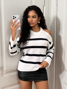 SHEIN BamGlam Women's Black And White Striped Casual French Loose Cold Shoulder Striped Y2K Fall Round Neck Halter Sweater Top Brunch - Black and White - View 6