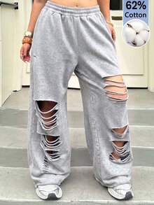 Muchica Plus Size Women Plain Grey Ripped Design Sweatpants,Plus Size Casual Elastic Waist Grunge Pants For Rave,Autumn,Daily Commute,Party,Y2k,Sports Style - Light Grey - View 1
