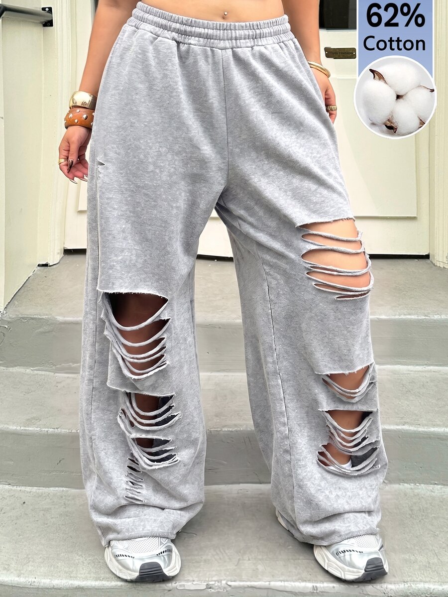 Muchica Plus Size Women Plain Grey Ripped Design Sweatpants,Plus Size Casual Elastic Waist Grunge Pants For Rave,Autumn,Daily Commute,Party,Y2k,Sports Style - Light Grey - View 1