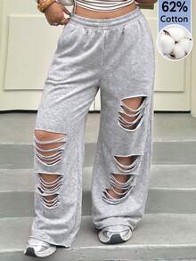 Muchica Plus Size Women Plain Grey Ripped Design Sweatpants,Plus Size Casual Elastic Waist Grunge Pants For Rave,Autumn,Daily Commute,Party,Y2k,Sports Style - Light Grey - View 4