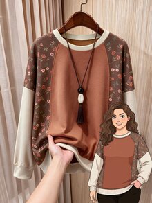 Rusticease Plus Size Brown Round Neck Half Sleeve Sweatshirt Casual Streetwear Fall Winter 2026 - Brown - View 8