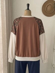 Rusticease Plus Size Brown Round Neck Half Sleeve Sweatshirt Casual Streetwear Fall Winter 2026 - Brown - View 2