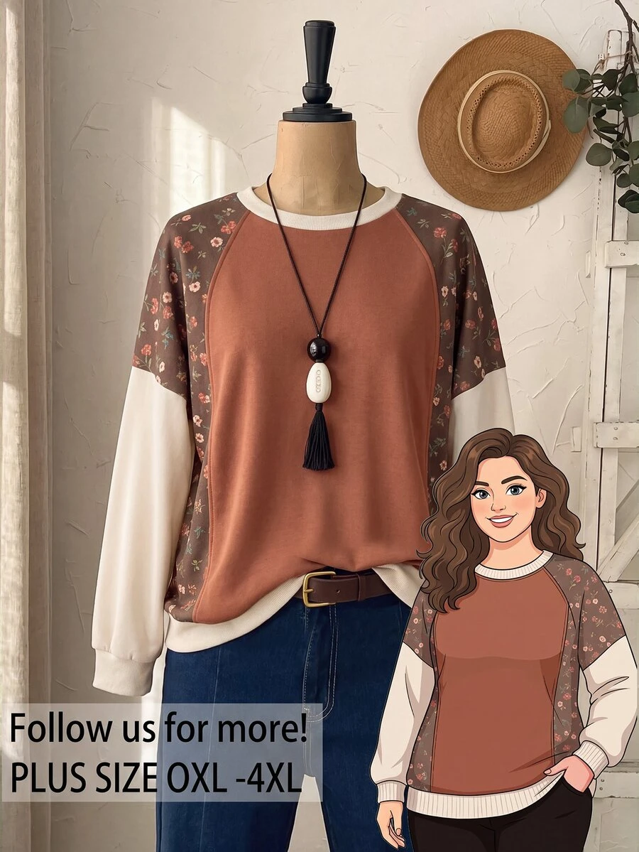Rusticease Plus Size Brown Round Neck Half Sleeve Sweatshirt Casual Streetwear Fall Winter 2026 - Brown - View 1