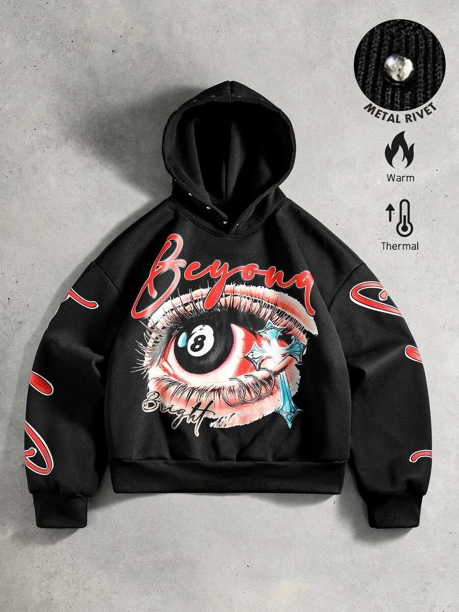 ROMWE MEN Men's Rivet Decor Print Loose Hoodie - Black - View 1