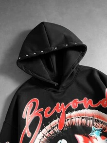 ROMWE MEN Men's Rivet Decor Print Loose Hoodie - Black - View 2