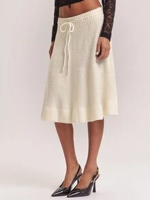 SHEIN BAE Regular Women's Solid Color Waist Tie Knit Skirt - Apricot - View 5
